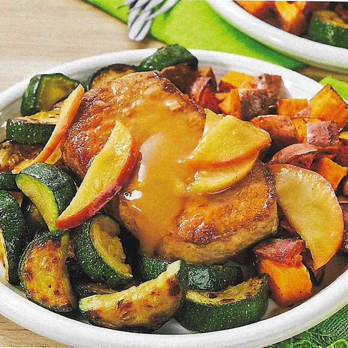 Skillet Apple Pork Chops with Roasted Sweet Potatoes & Courgette