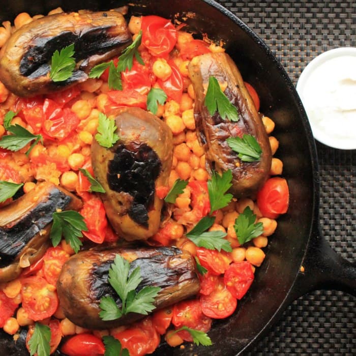 Stovetop Aubergine with Harissa, Chickpeas and Cumin Yogurt
