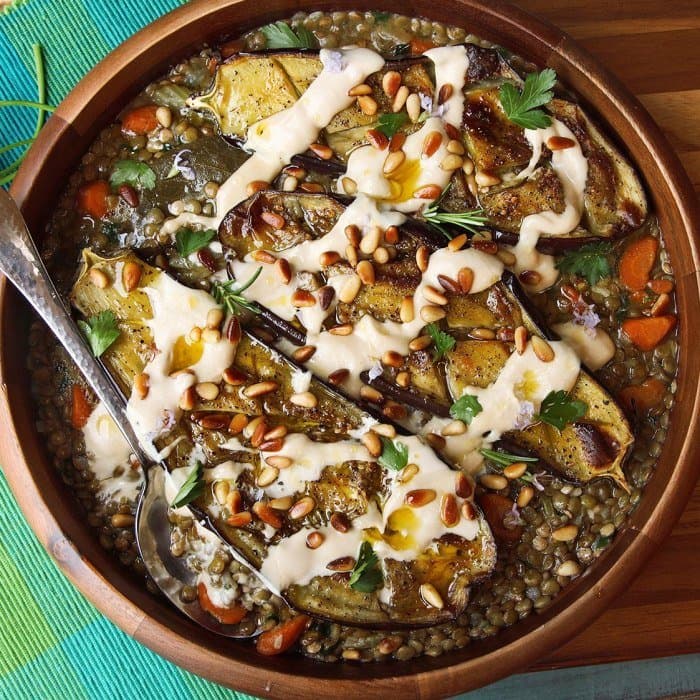 Roasted Aubergine with Tahini, Pine Nuts and Lentils